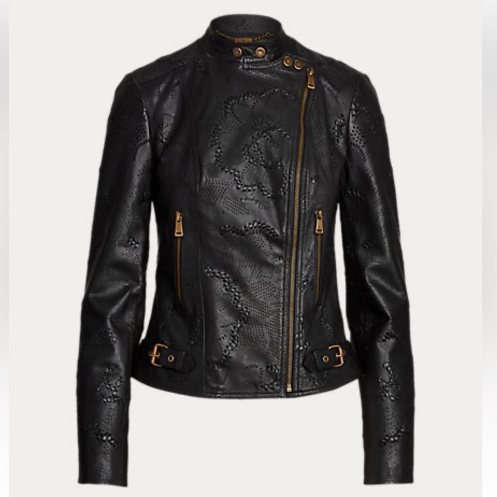 Ralph Lauren Black label Jacket Leather Moto Biker Black size 4 - Picture 1 of 16